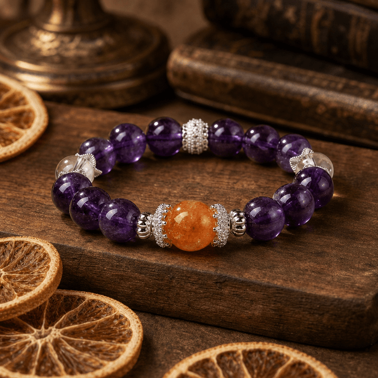 The Courage to Bloom bracelet styled on wood with dried orange slices and silver-tone accents