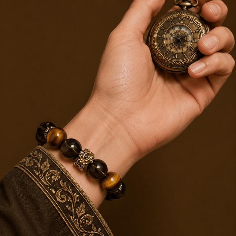 Natural Tiger’s Eye bracelet worn with a vintage pocket watch for grounded confidence