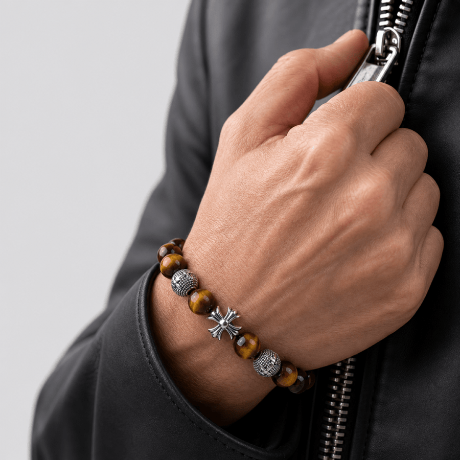 Tiger's Eye cross bracelet worn with a black leather jacket
