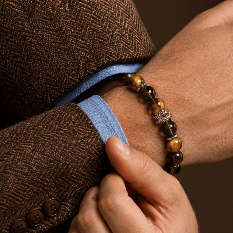 Men’s Tiger’s Eye and Smoky Quartz bracelet styled with a brown blazer and blue shirt