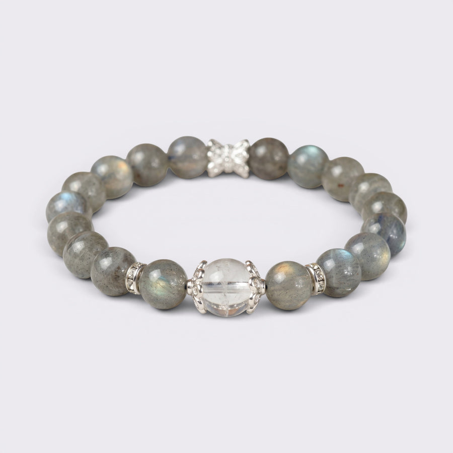 Front view of Written in the Stars bracelet with 8.5mm Blue Gray Moonstone beads, 10mm Clear Quartz focal bead, and silver-tone accents
